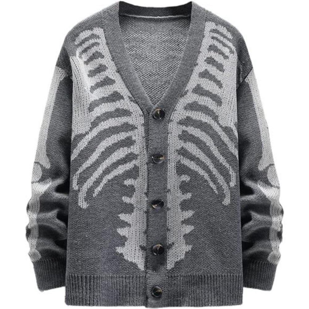 Men's V-Neck Skeleton Print Long Sleeve Cardigan Sweaters, Dark Gray
